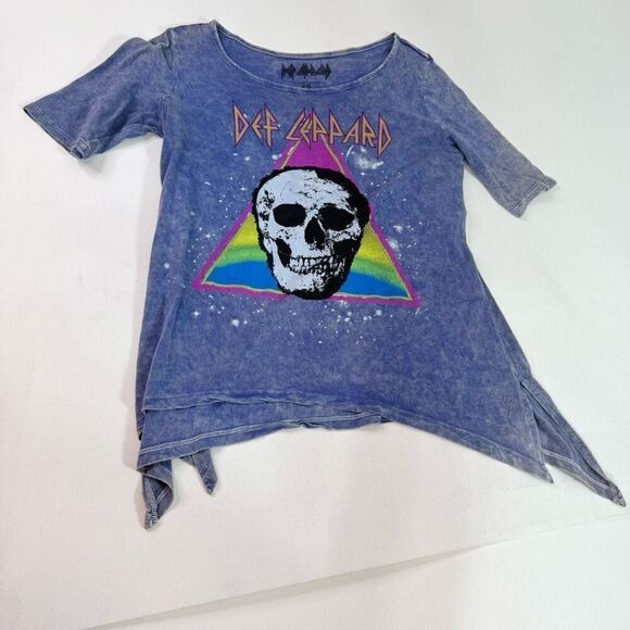 Def Leppard Top Womens XS Blue Short Sleeve Asymmetrical Skull Tee Shirt - Picture 1 of 6